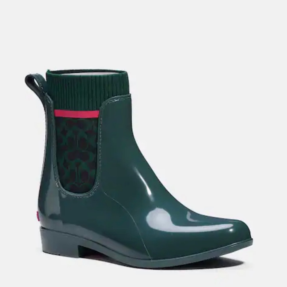 Coach Rubber Rain Bootie, Green, 7
